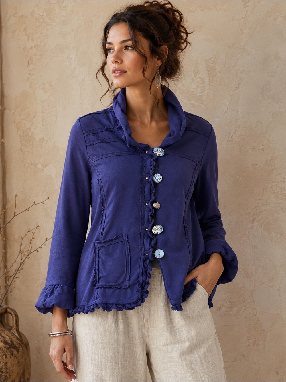 NEON BUDDAH Artisan Boho Jacket Cardigan Blue Ruffle Trim Wearable Art Top